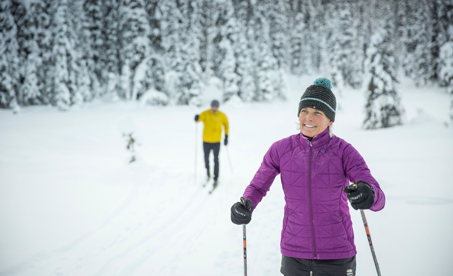 Two cross country skiers in a snowy forest in Banff National Park.